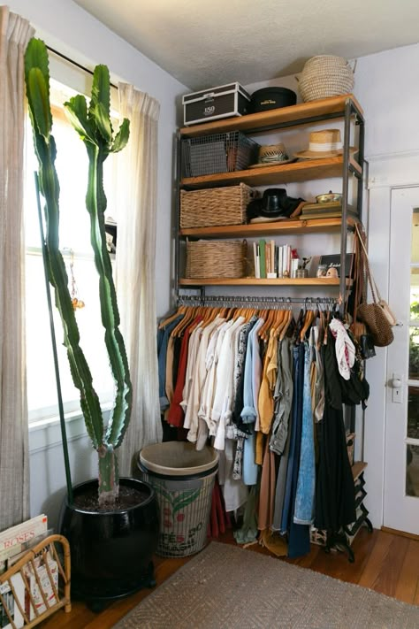 Tiny House Closet Ideas, Tiny House Closet, Tiny Closet, Colorful Apartment, No Closet Solutions, Custom Shelving, No Closet, Room Corner, Cabinet Of Curiosities