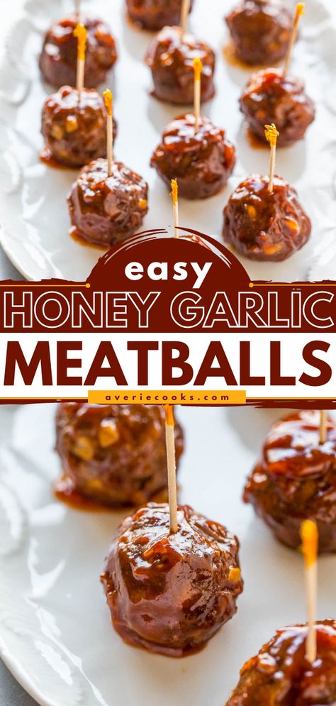 Sticky Honey Garlic Meatballs - Averie Cooks Meatball Recipes Bbq, Sticky Honey Garlic Meatballs, Mini Meatballs Appetizers, Honey Bbq Meatballs, Sweet Meatballs, Honey Garlic Meatballs, Garlic Meatballs, Meatball Appetizer Recipe, Cocktail Meatballs