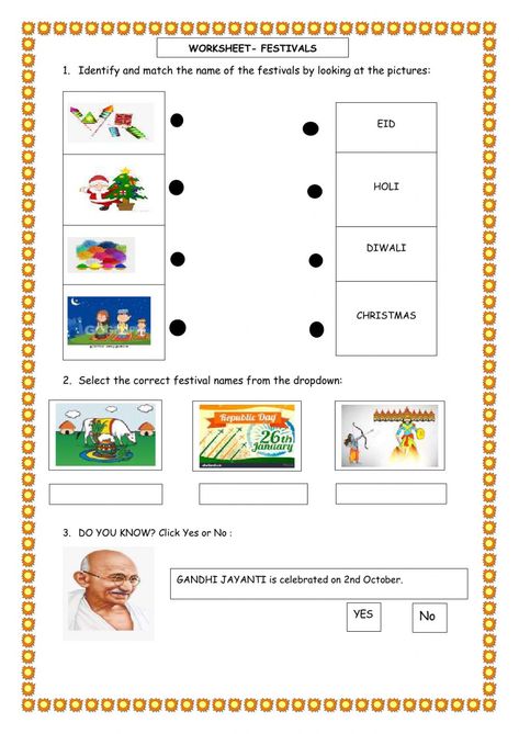 Indian Festivals Worksheets For Kids, Festival Worksheets For Grade 1, Festivals Of India Worksheet, Class 1 Worksheets, Evs Worksheet, Festival Names, Worksheet For Class 2, Rhyming Words Worksheets, Life Science Activities