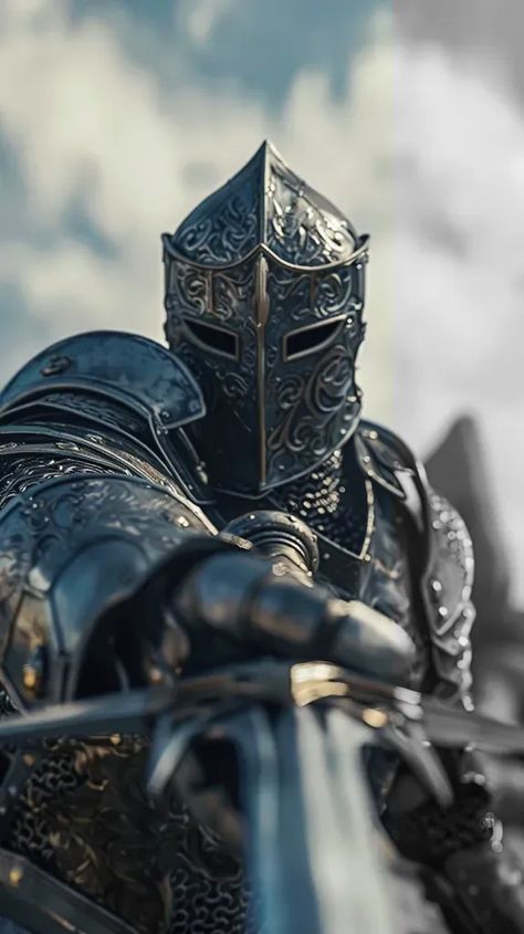 Full Color Image in ai-img-gen.com 🔸 elemental knight pointing his sword towards the screen, close up. Cinematic 🔸 From Midjourney AI Image Soldado Medieval, Armour Fantasy, Steel Armor, Helmet Tattoo, Crusader Knight, Roman Warriors, Male Character, Knight Armor, Fantasy Images