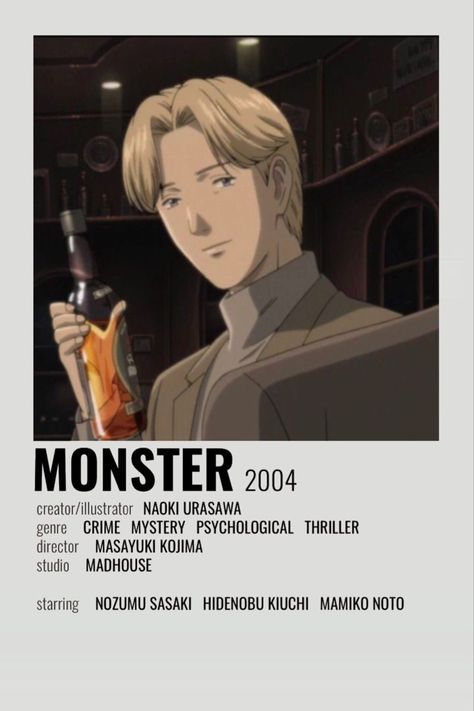 anime poster 2004 Monster Minimalist Poster, Monster Anime Wallpaper, Monster 2004, Johan Liebert, Naoki Urasawa, Monster Anime, Anime Sites, Anime Suggestions, Anime List