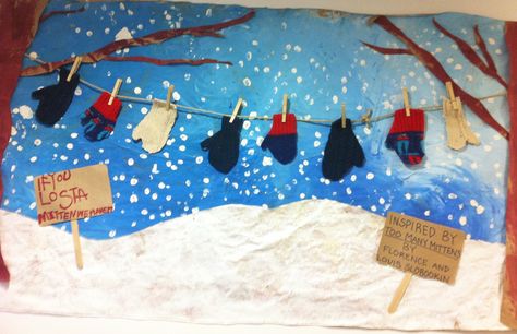 "Lost mitten" winter mural Mitten Art, Winter Mural, Painting Gloves, Winter Art Lesson, Jan Brett, Painted Sky, Winter Art Projects, Crumpled Paper, Winter Preschool