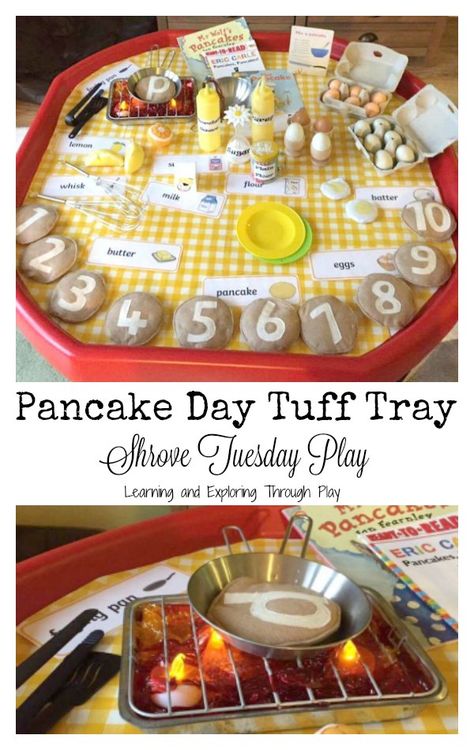 Pancake Day Shrove Tuesday Activities for Kids. Pancake Tuff Tray. Pancake Day Eyfs Activities, Foundation Classroom, Eyfs Superheroes, Shrove Tuesday Activities, Tuesday Activities, Phonics Eyfs, Sen Classroom, Outdoor Maths, Kids Pancakes