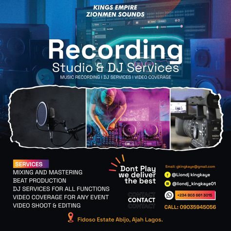 Banner Design Studio Recording and Dj services Dj Flyer Design Background, Music Banner Design, Dj Banner, Dj Flyer Design, Vocal Recording Studio, Music Banner, Advert Design, Dj Flyer, Concert Poster Design