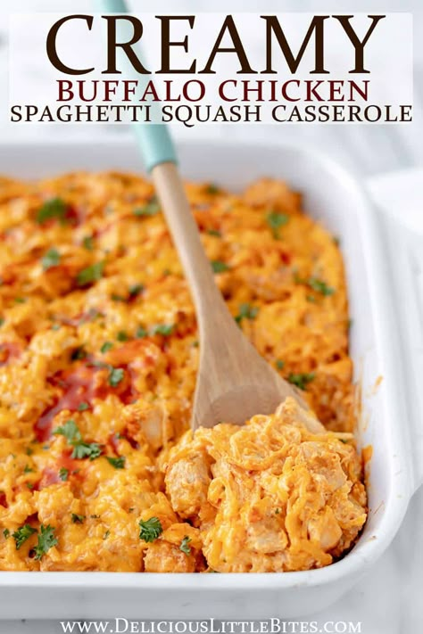 Creamy Buffalo Chicken Spaghetti Squash Casserole is cheesy, spicy, and incredibly delicious! Made with only 5 ingredients, it’s low in carbs and suitable for those following a keto, low carb, or gluten free diet. | #buffalochicken #spaghettisquash #chickencasserole #buffalochickencasserole #spaghettisquashcasserole Buffalo Chicken Spaghetti Squash Bake, Spaghetti Squash Dinner Ideas, Spaghetti Squash Chicken Recipes, Low Carb Spaghetti Squash Recipes, Keto Spaghetti Squash Recipes, Chicken Alfredo Spaghetti Squash, Squash Casseroles, Chicken And Spaghetti Squash, Chicken Spaghetti Squash Casserole