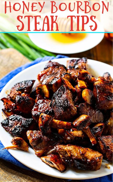 Honey Bourbon Steak Tips with mushrooms. Bourbon Beef Tips, Ways To Cook Steak, Bourbon Steak, Bourbon Chicken Recipe, Steak Dinners, Round Steak Recipes, Steak Bites Recipe, Honey Bourbon, Beef Steak Recipes