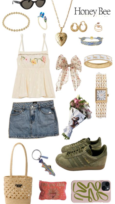 Chanel denim skirt floral adidas sambas Mum Outfits, Chanel Denim, Nerdy Outfits, Adidas Floral, Adidas Sambas, European Summer Outfits, Outfit Collage, Skirt Floral, Summer Fits