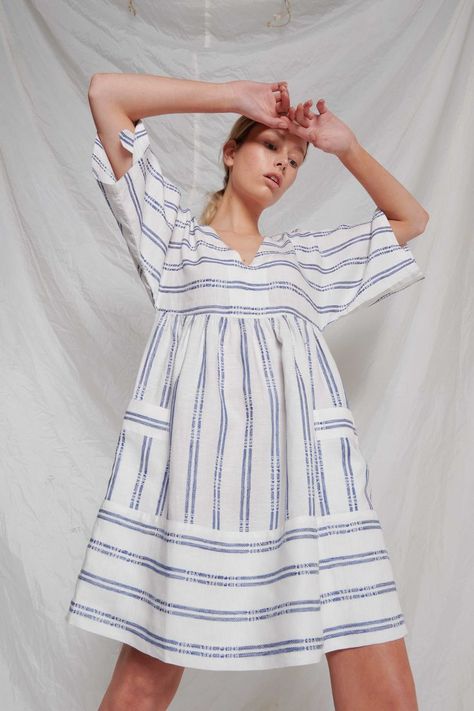 Resort Lookbook, Slow Clothing, Linen Stripes, Striped Linen Dress, Stylish Short Dresses, Resort Fashion, Casual Wear Dress, T Dress, Gathered Dress