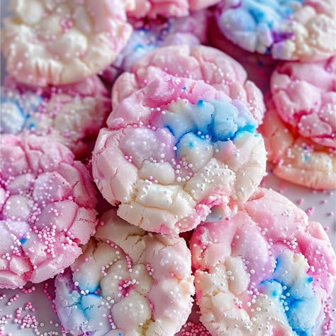 Cotton Candy Cookies Recipe Cotton Candy Marshmallow, Sour Patch Cookies, Cotton Candy Recipes Desserts, Weird Cookie Flavors, Colorful Food Recipes, Cotton Candy Sugar Cookies, Bubblegum Cookies, Cotton Candy Cookies Recipes, Colorful Christmas Cookies