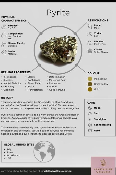 Crystal Properties Chart, Crystal Healing Chart, Crystal Properties, Crystal Guide, Pyrite Crystal, Crystals Healing Properties, Spiritual Crystals, Crystal Therapy, Meditation Crystals