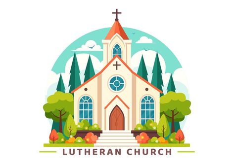 Lutheran Church Illustration featuring a Cathedral Temple Building and Christian Religious Architecture in a Flat Cartoon Style Background Church Cartoon, Church Clipart, Church Illustration, Temple Building, Old Book Crafts, Religious Architecture, Style Background, Lutheran Church, Church Building