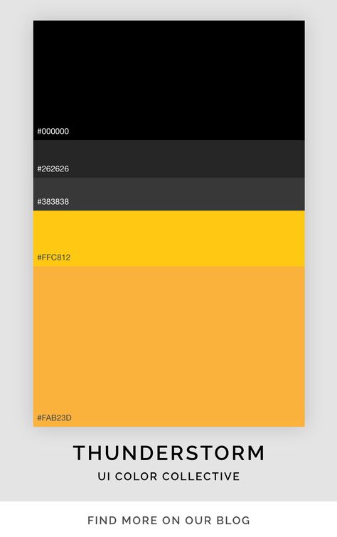 A bright and bold color palette / color scheme that was inspired by a thunderstorm with lightning. The mix of yellows and greys create a striking combination that can be used in many marketing and graphic design projects. Grey And Yellow Color Palette, Yellow Branding Palette, Bold Masculine Color Palette, Striking Color Palette, Lightning Color Palette, Yellow Color Palette Combination, Yellow Brand Color Palette, Grey Yellow Color Palette, Yellow And Black Color Palette