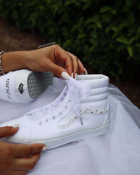 Wedding Vans. Personalized Wedding Sneakers for Brides @solecraftstudio . ✨👟🕊️. . . . . . . #weddingvans #weddingday #bridalshoes #bridalsneakers #weddingsneakers #weddinginspiration #weddingideas #weddingshoes #bridetobe #futurewife #handmade #custommade #shesaidyes #kickstagram #kicksonfire #sneakers #vans #hightops #sk8hi #bridalfashion #sneakerhead #sneakernews #brideandgroom Sneakers For Bride, Wedding Sneakers For Bride, Wedding Vans, Bride Personalized, Bridal Sneakers, Wedding Converse, Wedding Sneakers, Sneakers Vans, White Wedding Shoes