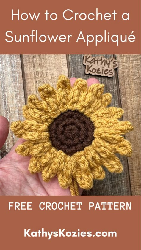 Free Sunflower Appliqué Pattern Crochet Orange Applique, Crochet Sunflower Garland Pattern Free, Crochet Applique Patterns Free Simple, Sunflower Applique Pattern, Crochet Flowers Tutorial, Amigurumi Clothes, Diy Crochet Flowers Tutorial, Sunflower Applique, Crochet Sunflowers