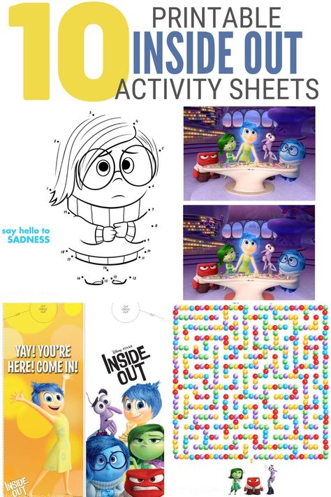 Check out these free, printable activity sheets based on the 2015 Pixar film Inside Out. There are ten sheets to print and play with! Free Printable Activity Sheets, Diy Pin Board, Printable Activity Sheets, Movie Crafts, Inside Out Characters, Kindergarten Coloring Pages, Pixar Films, Handmade Inspiration, Diy Crafts For Kids Easy