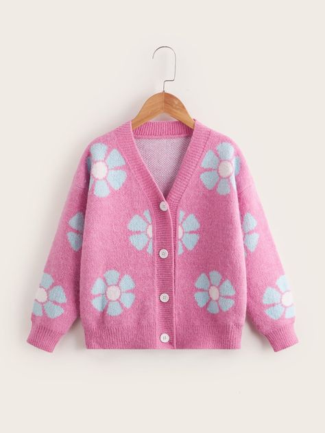 SHEIN Girls Floral Pattern Button Front Cardigan Cardigan Styles, Clothes Embroidery, Clothes Embroidery Diy, Kids Cardigans, Embroidery Diy, Cardigan Design, Cute Cardigans, Embroidery On Clothes, Button Front Cardigan