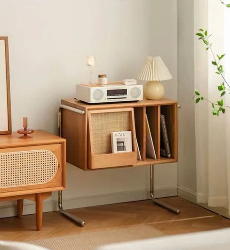 Small Side Cabinet, Cherry Wood Cabinets, Japanese Living Room, Black Cherry Wood, Retro Interior Design, Solid Wood Shelves, Wooden Bookcase, Retro Interior, Wood Bookcase