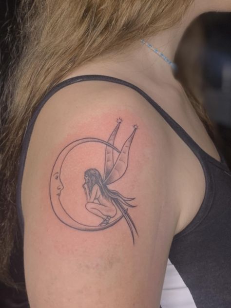 Fairy On Crescent Moon Tattoo, Fairy On Moon Tattoo, Moon Fairy Tattoo, Tattoo Chart, Tattoos 2023, Whimsical Tattoos, Crescent Moon Tattoo, Moon Fairy, Cute Tiny Tattoos