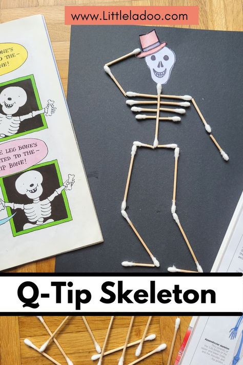 Skelton craft idea made with q tips. Qtip Skeleton Craft, Q Tip Skeleton Craft, Q Tip Skeleton, Qtip Skeleton, Preschool Autumn, Human Body Crafts, Skeleton Craft, Skull Template, The Skeletal System