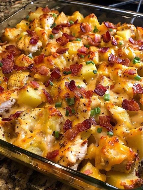 Cheesy Bacon Ranch Potatoes, Chicken Bacon Ranch Potato Bake, Baked Casseroles, Ranch Potatoes Baked, Bacon Ranch Potatoes, Ranch Potatoes, Potato Bake, Cheesy Bacon, Chicken Bacon Ranch