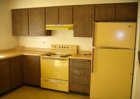 For some reason, people LOVED goldenrod & avocado appliances in the 70s.  This wasn't our kitchen, but we had the same color appliances! 1970s Decor, 1970s Home, Retro Interior Design, Vintage Appliances, Phoenix Homes, 70s Decor, Harvest Gold, House Photos, Gold Kitchen