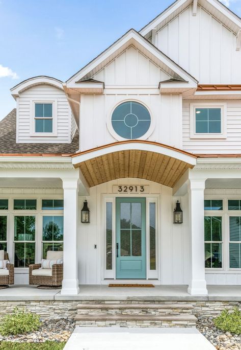 White House Coastal Exterior, Siding Ideas Exterior Beach House, Craftsman Coastal Exterior, Costal House Outside, Front Porch With Barrel Ceiling, Turquoise Beach House Exterior, Coastal Grandma House Exterior, Beach House Doors Entrance, Beach House Style Exterior