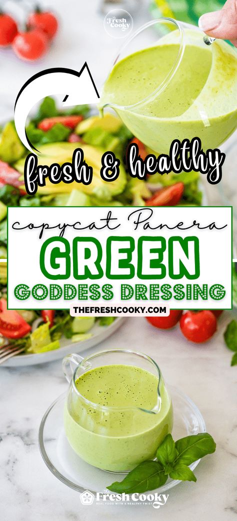 Craving the refreshing taste of Panera's Green Goddess dressing? Now you can enjoy it from the comfort of your own home with this simple copycat recipe! Packed with nutritious ingredients like avocado, parsley, and garlic, this dressing is a tasty and healthy addition to any salad. Recipe via @thefreshcooky #copycatrecipe #Panera #greengoddessdressing #saladdressing Sage Salad Dressing, Simple Green Goddess Dressing, Basil Green Goddess Dressing, Low Calorie Green Goddess Dressing, Green Goddess Dressing Panera, Green Goddess Salad Dressing Recipe, Keto Green Goddess Dressing, Green Goddess Dressing Recipe Healthy, Homemade Green Goddess Dressing