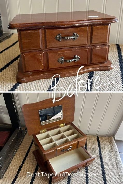 How To Store Jewelry Diy Ideas, Jewelry Box Make Over, Old Jewelry Box Repurpose, Painting Jewelry Box, Repurpose Jewelry Box Diy, Jewelry Box Repurpose, Altered Jewelry Boxes, Refinished Jewelry Boxes, Jewelry Chest Makeover