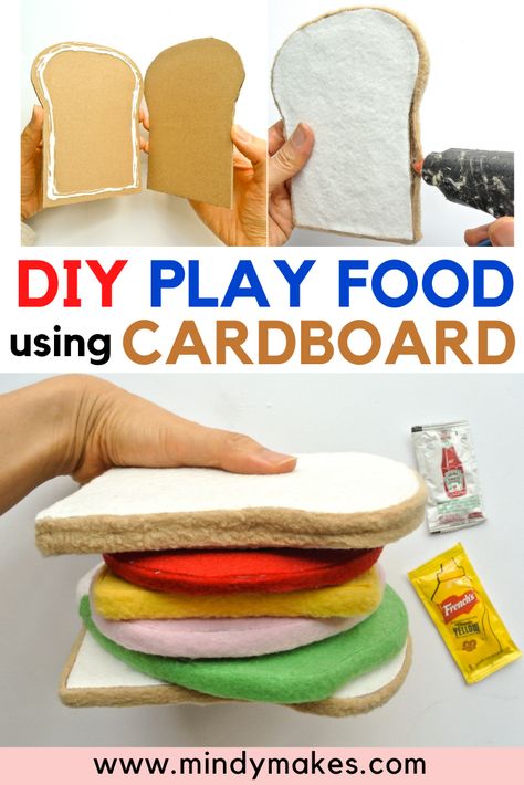 Cardboard Play Food Diy, Cardboard Play Food, Cardboard Food Crafts, Paper Sandwich Craft, Cardboard Food Diy, Bread Crafts For Kids, Pretend Food Diy, Fruits Activity, Sandwich Craft