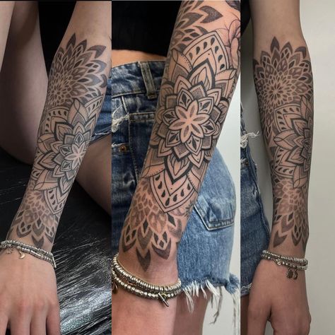 Ornamental Half Sleeve Tattoos For Women, Mandala Arm Sleeve Tattoos For Women, Womens Mandala Tattoo, Mandala Forearm Tattoo For Women, Mandala Tattoo Design Women Arm, Mandala Sleeve Tattoo Women, Mandala Tattoo Forearm, Top Of Hand Tattoos For Women, Mandala Half Sleeve