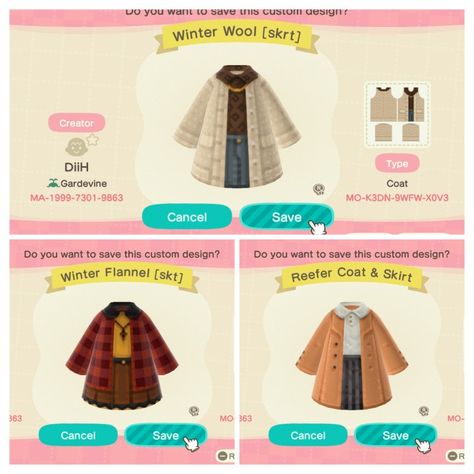 Animal Crossing Autumn Outfits, Acnh Clothes Design Id Pants, Winter Clothes Animal Crossing, Winter Outfit Animal Crossing, Acnh Winter Coat, Winter Animal Crossing Outfits, Acnh Coats Designs, Acnh Fall Outfit Codes, Animal Crossing Fall Outfits