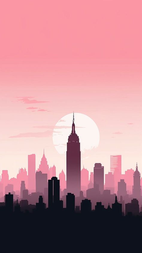 City Aesthetic Illustration, Minimalist Cityscape Art, New York City Silhouette, New York City Skyline Painting, New York Aesthetic Drawing, New York City Wallpaper Aesthetic, New York Pink Aesthetic, City Aesthetic Painting, City Aesthetic Drawing