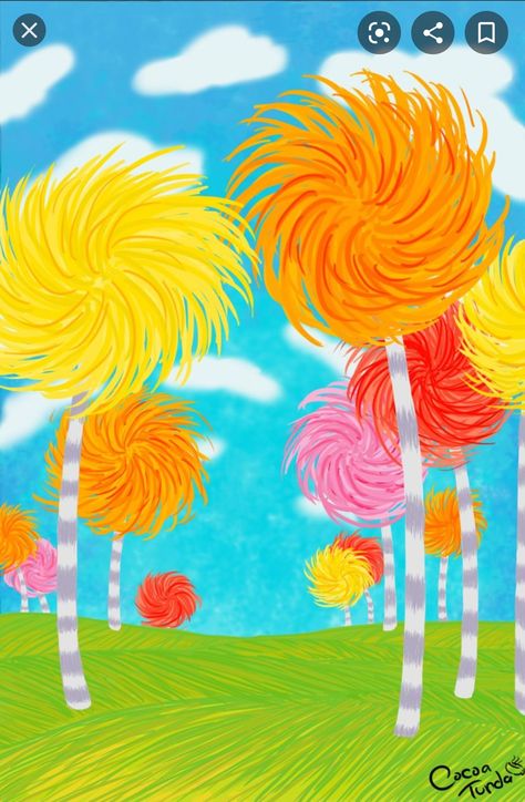 Dr Seuss Trees, Lorax Trees, Lorax Movie, Dr Seuss Art, Truffula Trees, Dr Seuss Crafts, Seuss Crafts, Tree Mural, The Lorax