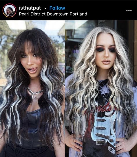 Dark Brown Hair With Platinum Streaks, Black And Blond Hair Extensions, Different Dark Hair Colors, White And Dark Hair Ideas, Black With Platinum Hair, Edgy Long Hair Color, Dark Tattoo Ideas Female, Face Framing Peekaboo Highlights, Statement Hair Color