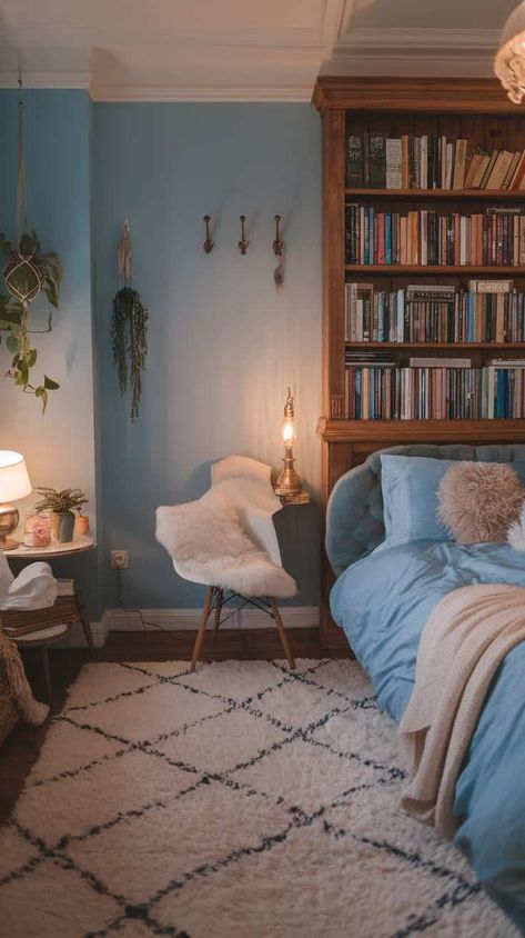 40+ Cozy Blue Bedroom Designs for Small Spaces Gray Blue Bedroom, Sky Blue Room, Blue Cozy Bedroom, Cozy Bedroom Blue, Cozy Blue Bedroom, Cool Loft Beds, Gentle Lighting, Bunk Bed Accessories, Bunk Bed Safety