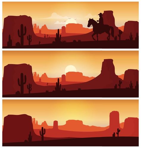 Cowboy riding horse against sunset background. Wild western silhouettes banners Cowboy Sunset, Cowboy Riding Horse, Cowboy Silhouette, Cowboy Posters, Horse Cowboy, Cowboy Design, Desert Scene, Western Landscape, Horse Illustration