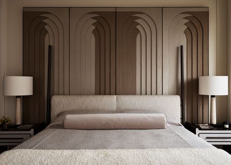 This elegant four-poster bed’s tapered wood frame gives it a stately sense of verticality, drawing attention upward without extending the headboard itself. Lucia’s slim wooden legs- designed to create lightness even when placed in the center of the room - are connected to the upholstered base by metal cuffs. Bedroom Tiles Design, Modern Bedroom Interior Design Ideas, Bedroom Tiles, Ideas Bedroom Decoration, Bedroom Interior Design Ideas, Bed Back Design, Luxury Closets, Closets Design, Bedroom Interior Design Luxury