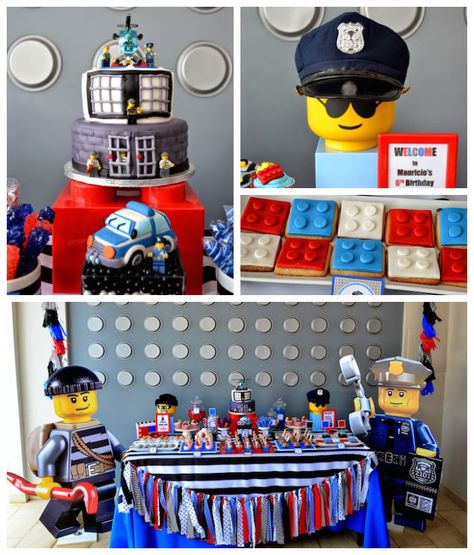 Police Party Ideas, Lego Sugar Cookies, Lego City Birthday, Police Birthday Cakes, Lego Favors, Lego Banner, Police Themed Birthday Party, Lego Invitation, Cute Lego