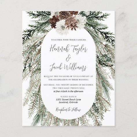 $1.27 | Budget Elegant Winter Pine Cone Wedding Invitation #budget elegant winter wedding, pine cones boughs, christmas forest wedding, rustic watercolor white florals, emerald sage green greenery, december woodland wedding, outdoor pine branches, ivory roses, modern cheap january invite suite, classic script calligraphy Pine Wedding Invitations, Pine Cone Wedding, Wedding Flyers, Christmas Wedding Invitations, Elegant Winter Wedding, Wedding Ceremony Programs, Christmas Flyer, Winter Wedding Invitations, Wedding Anniversary Invitations