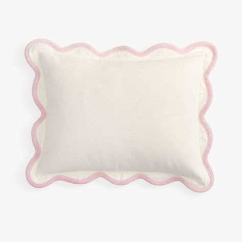 Scalloped detailing gives our pillow its eye-catching appeal. Tailored from plush cotton velvet for snuggle-worthy softness, its wavy trim in pink or sage pops against a white palette for a whimsical feel. By choosing our cotton products, you're supporting our investment in Better Cotton's mission. This product is sourced via mass balance and therefore may not contain Better Cotton. Learn more at bettercotton.org/massbalance. Made of cotton velvet. Zipper closure. Accommodates an 16x12" pillow insert; sold separately. Machine wash. Imported. Pink Floral Pillows, Pink Pillows Bedroom, Cute Bed Pillows, Shuffles Bedroom, Pink Bed Pillows, Pink And White Pillows, Light Pink Room Decor, Light Pink Dorm Room, Pink Decorative Pillows