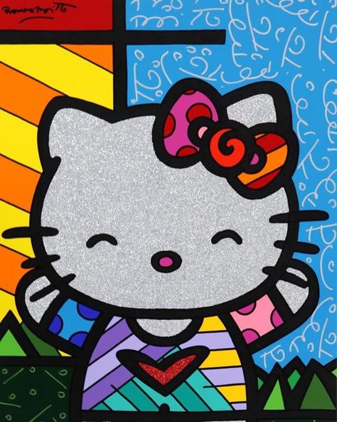 Hello Kitty Pop, Romero Britto Art, Hello Kitty Painting, Meet Me In Paris, Britto Art, Kitty Painting, Love Portrait, Portraits Art, Hippie Painting