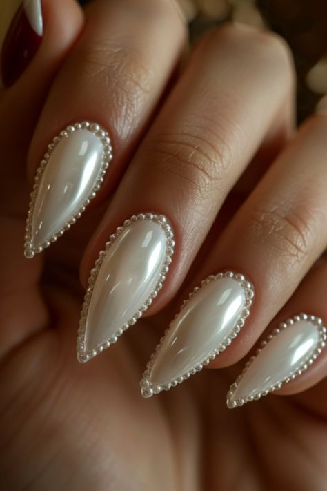 Pearl Nails Inspiration, Bridal Nails Pearl Accent, Navy Blue And Pearl Nails, Wedding Nails For Bride French, Black And Pearl Nails, Pearl Design Nails, Pearl Inspired Nails, Pearl Gem Nails, Unique Bridal Nails