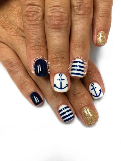 Navy and white nails. Anchor nails. #PreciousPhan Navy Anchor Nails, Us Navy Nails Design, Disney Cruise Line Nails, Us Navy Nails, White And Navy Nails, Alaska Cruise Nails, Blue Anchor Nails, Navy And White Nails, Cruise Nails Designs