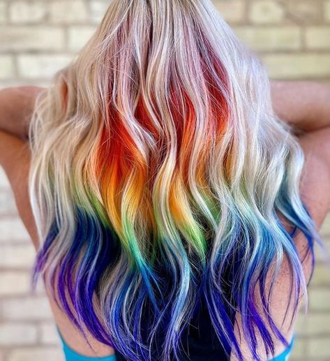 Pulp Riot Hair Color on Instagram: "@hairbypaigerosenberg is the artist. #pulpriotsemis" Rainbow Dyed Hair Underneath, Peekaboo Rainbow Hair, Rainbow Hair Highlights, Fun Colored Hair, Rainbow Dyed Hair, Rainbow Hair Ideas, Neon Hair Color, Hair Dyed Underneath, Fun Hair Colors