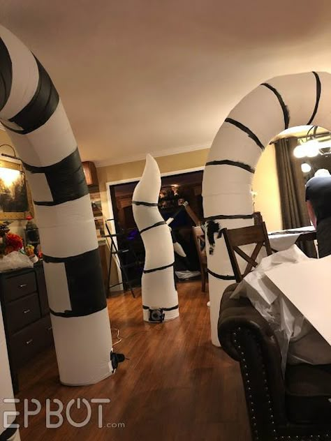 EPBOT: IT'S SHOWTIME: Our Halloween 2021 Theme Reveal! Paper Towel Roll Art, Black And White Tablecloth, Halloween Juice, Halloween Puns, Crafts For Kids Easy, Beetlejuice Halloween, Beetle Juice, Inside Decor, Halloween Displays