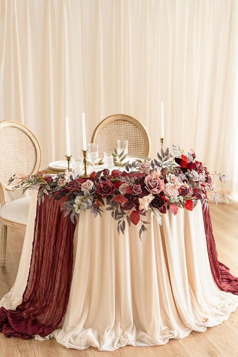 Sweetheart Table Burgundy And Blush, Ivory And Burgundy Wedding Table, Chiffon Wedding Backdrop, Burgundy Wedding Venue Decor, Pink And Maroon Wedding Decorations, Romantic Burgundy Wedding, Burgundy Table Runner Wedding, Burgundy Candle Centerpieces, Bridal Shower Burgundy