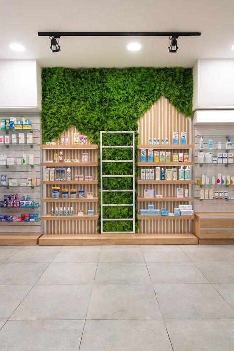 Pharmacy Wall Design, Health Store Design, Pharmacy Store Front Design, Pharmacy Store Design Interiors, Pharmacy Ideas, Interior Shop Display, Herbalist Shop, Pallet Bed Frame Diy, Pharmacy Decor