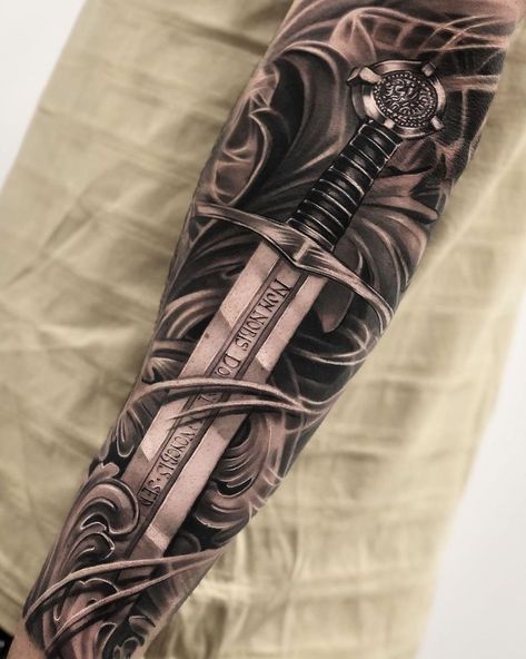 @mdwipeoutz: “Here's an awesome #blackandgrey #sword #tattoo by @castillo.dario that we love! Be sure to stock up…” Knight Warrior Tattoo, Gladiator Tattoo Swords, Knight Tattoo Warriors, Till Valhalla Tattoo, Men Flower Tattoo Sleeve, Mens Tattoo Sleeves, Best Sleeve Tattoos Men, Warrior Tattoo Sleeve, Viking Warrior Tattoos