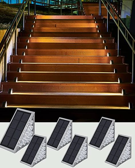 Step Lighting Outdoor Stairs, Outside Stair Lights, Lights For Steps Outdoor, Solar Stair Lights Outdoor, Outdoor Stair Lights, Barndo Stairs, Deck Step Lighting, Stair Lights Outdoor, Outdoor Step Lighting