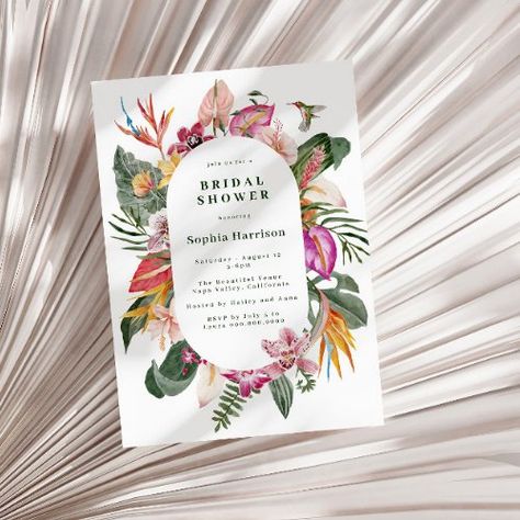 $2.04 | Tropical Floral Frame Bridal Shower Invitation - summer bridal shower, tropical floral bridal shower, hummingbird, pink yellow green, bird of paradise, modern tropical, watercolor jungle greenery, qr code, colorful flowers, floral botanical frame Tropical Bridal Shower Ideas, Bridal Shower Tropical, Bird Of Paradise Wedding, Tropical Bridal Shower Invitations, Jungle Invitations, Botanical Frame, Paradise Wedding, Tropical Bridal, Tropical Bridal Showers